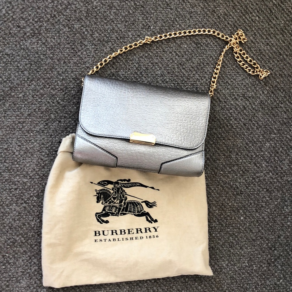 Burberry Metallic Silver Leather Shoulder Bag with Gold Chain